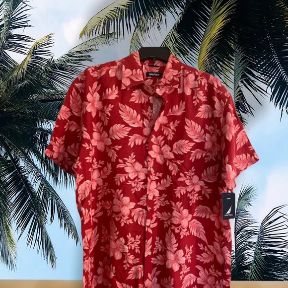 Tropical Linen Hawaiian Shirt Island Hibiscus Luau Print Pattern Nautica Large - Picture 9 of 16